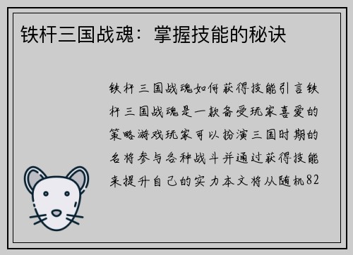 铁杆三国战魂：掌握技能的秘诀